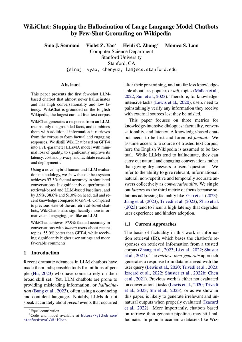 We introduce WikiChat, an LLM-based chatbot that almost never hallucinates, has high conversationality and low latency.
Read more in our #EMNLP2023 findings paper arxiv.org/abs/2305.14292

Check out our demo: wikichat.genie.stanford.edu
Or try our code: github.com/stanford-oval/…
#NLProc