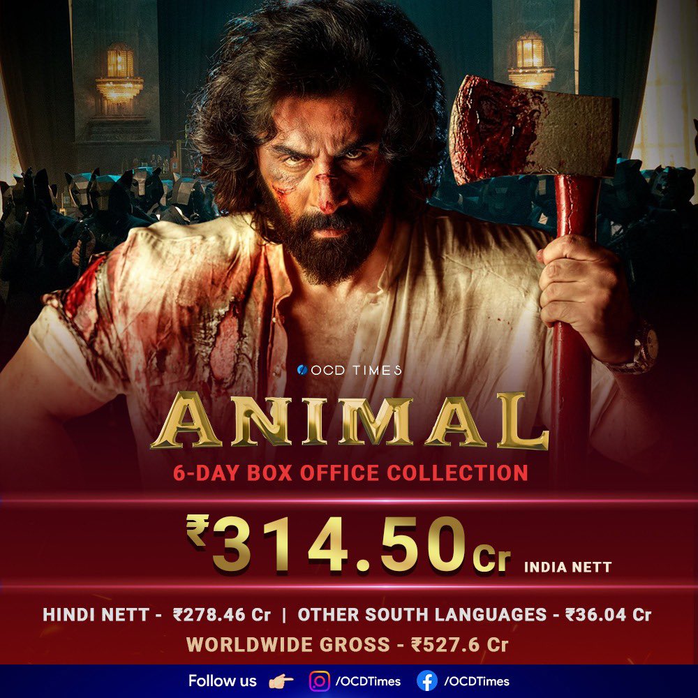 300 Nett, 500 Gross 🪓🩸🔥💥
.
#OCDTimes #RanbirKapoor #BobbyDeol #AnilKapoor #RashmikaMandanna #TriptiDimri #ShaktiKapoor #Tseries #BhushanKumar #KrishanKumar #PranayReddyVanga #SandeepReddyVanga #Animal #AnimalTheFilm #BoxOfficeCollection