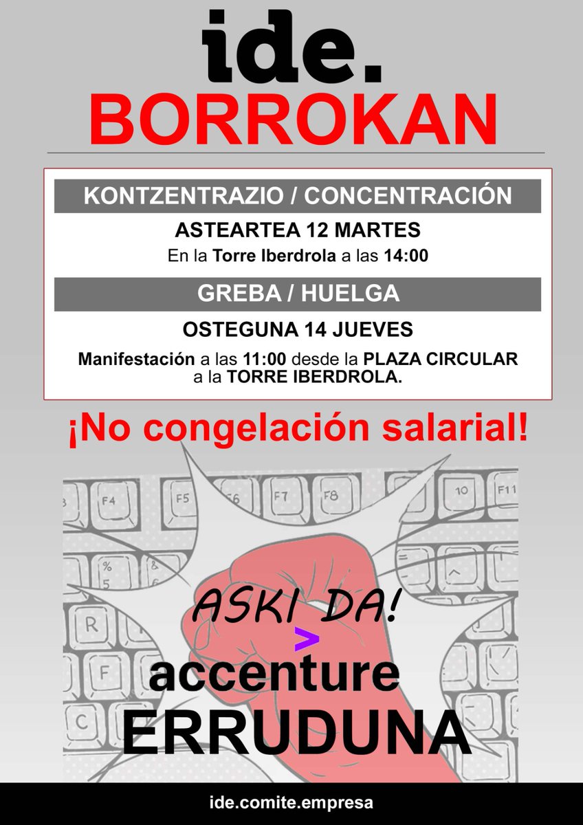 lab_ide's tweet photo. No a la congelación salarial en Informática de Euskadi.
🗓 --> Abenduak 14.
📢 --> #GREBA
@AccentureSpain ERRUDUNA!!
#IdeBorrokan https://t.co/yw0iJnOYgH