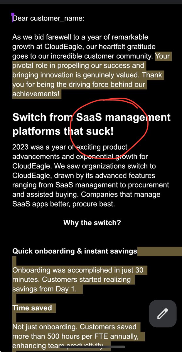 Guess what I found when I was reviewing our newsletter set to go out next week?!
 We asked our marketing team to talk to our existing customers who shifted from other platforms to @cloudeagleai and just use their words. Damn! 🔥

#saasmanagement #saas #saasspend #saveonsaas