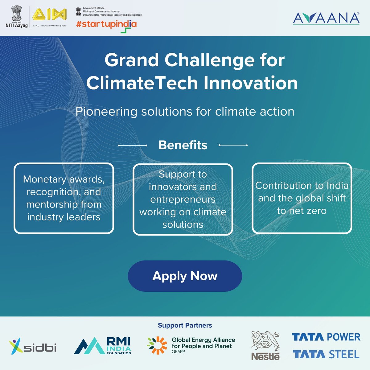 Calling all startups innovating in Climatetech to apply for the Grand Challenge for ClimateTech Innovation! 

Launched by @avaanacapital , in partnership with @startupindia and #AIM , this challenge aims to identify and support entrepreneurs building across 7 themes shared below.