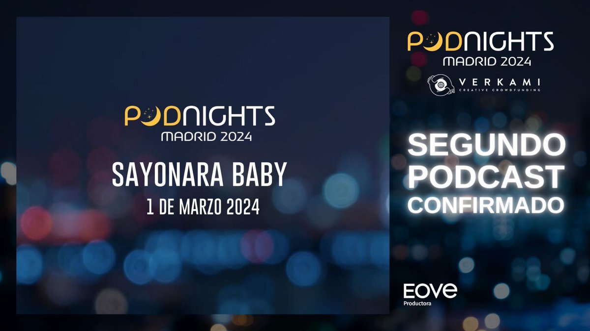 2º podcast que ha decidido unirse al ciclo 2024 de <a href="/Podnights_Mad/">Podnights Madrid</a> y venir a grabar su podcast en vivo!

La "Noche Estrellada" del 1 de marzo ya ha sido bloqueada en el calendario 2024 de <a href="/Podnights_Mad/">Podnights Madrid</a>  

PODCAST: <a href="/sayonarafm/">Sayonara Baby Podcast</a> 
FECHA: 1/03/2024
HORA: 20:30
verkami.com/projects/37147…