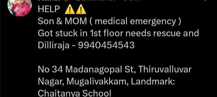 Dhaaranik1's tweet photo. ***Need Medical assistance***

His mom got fracture... They need professional medical team to get rescued....They got no food and no power... They need to be rescued Asap....

I don't know whom to reach....Can anyone help me with this

@chennaicorp @TRBRajaa https://t.co/PRXbhTPTWD