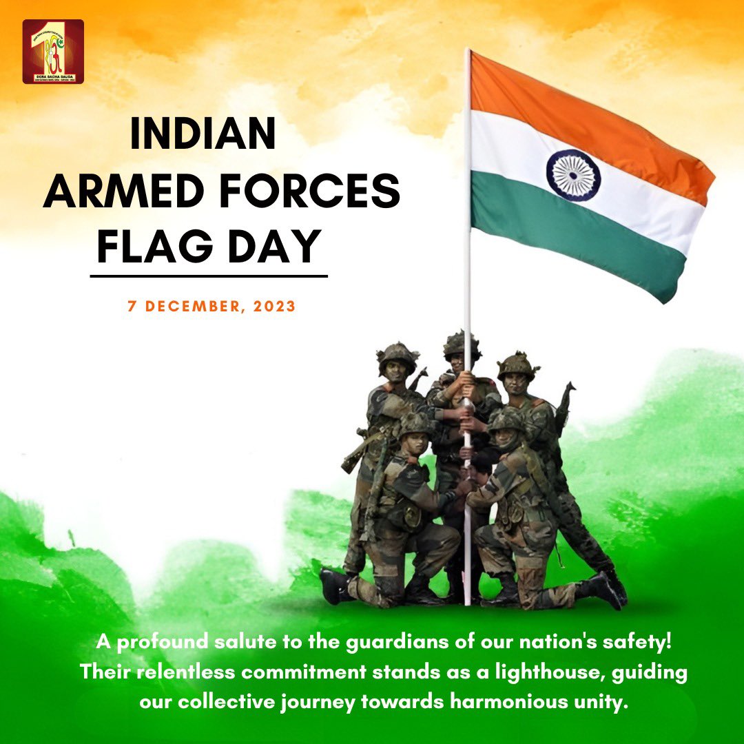 DSSNewsUpdates's tweet photo. As the flag flutters in the breeze, it carries with it the echoes of battles fought and victories earned. Salute to the fearless heroes of our beloved nation, who paint the canvas of our skies with valor. Happy #IndianArmedForcesFlagDay! https://t.co/sTdcq8yoQO
