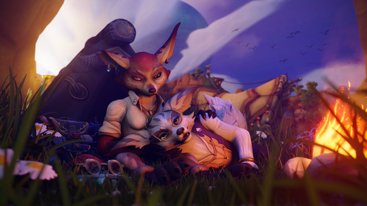 "Familiar faces under foreign skies, mother and son profit from the vistas of Nagrand in the dusk"

A birthday present for <a href="/Voidpera/">Kheena - "Pawfessor Cinderclaw"</a> (Kheena belongs to her), who is not only a fantastic person, best caravan leader, but also a great friend!

Happy birthday! ❤️