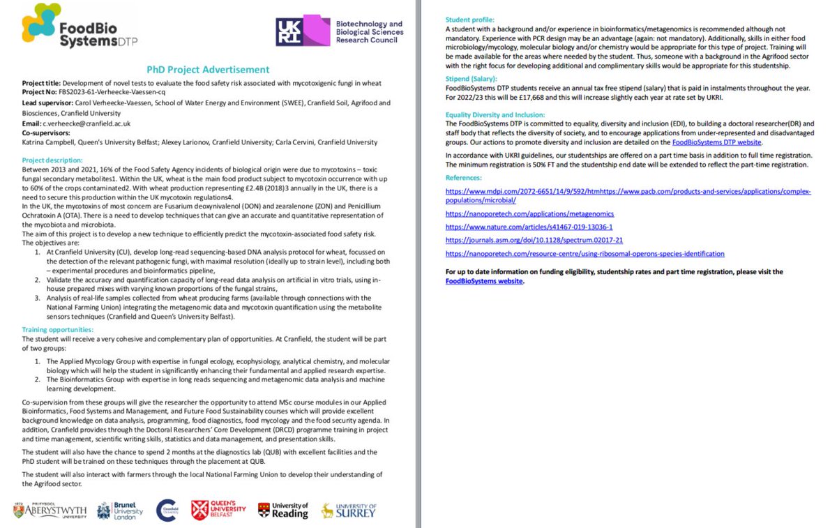 Are you passionate about #Fungi and #Bioinformatics and are looking for a #Phd? Apply for this fully-funded PhD opportunity and join our team to develop new detection tools for #mycotoxigenic fungi in wheat. Deadline January 22nd, 2024.
research.reading.ac.uk/foodbiosystems…