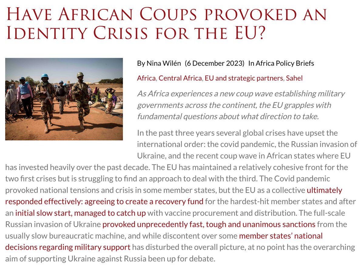 Have African Coups Provoked an Identity Crisis for the EU? In my latest @egmont brief, I’m exploring how the #coups in the #Sahel have provoked: ▪️ divisions between #EU member states ▪️ fundamental questions about norms & interests in #Africa & beyond egmontinstitute.be/have-african-c…