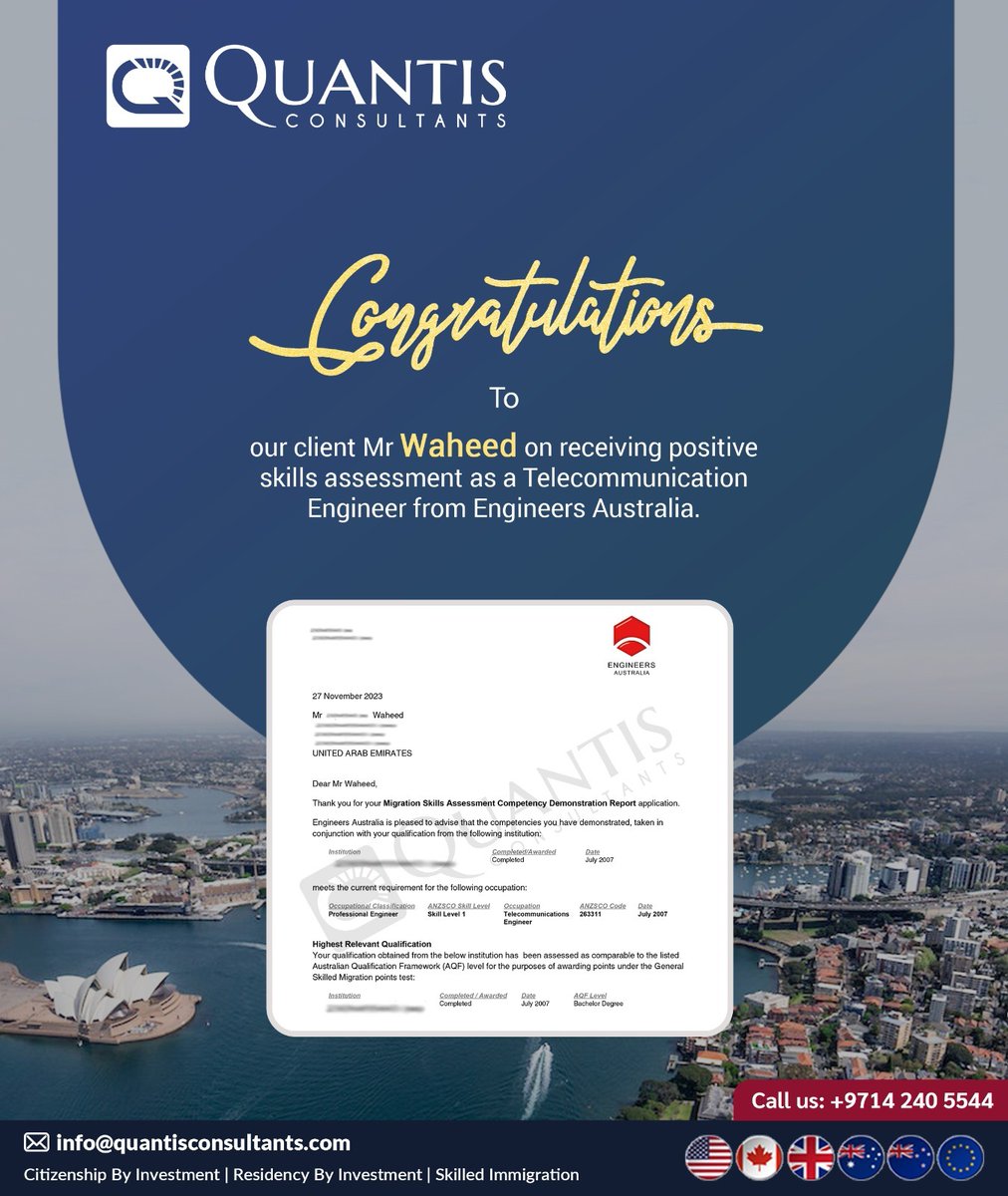 QuantisUAE's tweet image. Congratulations to our client Mr Waheed on receiving positive skills assessment as a Telecommunication Engineer from Engineers Australia.

Call us at: 📲+971 4 240 5544 
📩info@quantisconsultants.com 
or visit: bit.ly/3jKNd2O

#Quantisconsultants #immigration  #visa