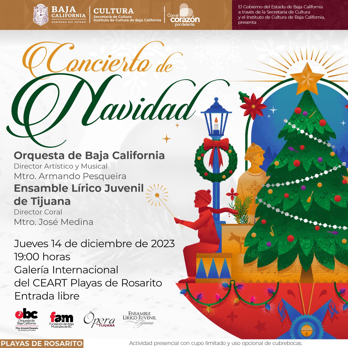 Amigos los esperamos este 14 de dic.  a las 7pm en la Galería Internacional del CEART Playas de Rosarito para nuestro Concierto de Navidad en esta ocasión sumando esfuerzos con los amigos de la Ópera de Tij. y el Ensamble Lírico Juvenil Tij. Entrada libre hasta agotar cupo.
