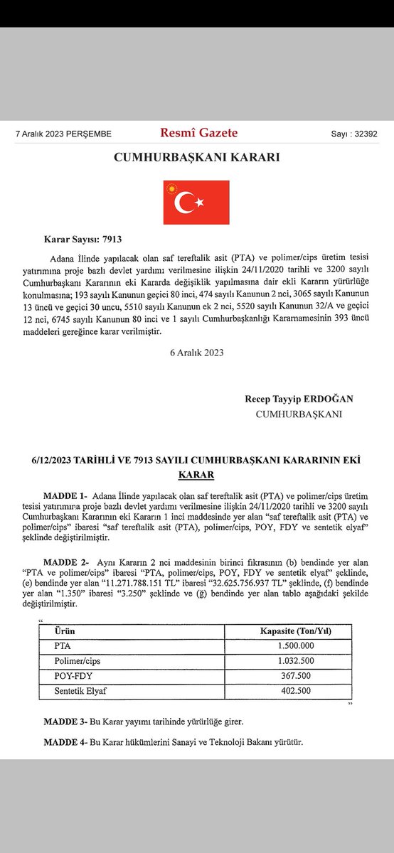 #sasa da PTA tesisi için verilen proje bazlı destekte güncellemeyle gidilerek 11 milyar 271 milyon ₺ olan tutar değiştirilerek 32 milyar 625 milyon ₺ ye, Ürünlere ek ürünler yapılarak yıllık üretim kapasiteleride 1,350 ton dan 3250 yıl/ton a yükseltilmiştir.

21,5 milyar ₺