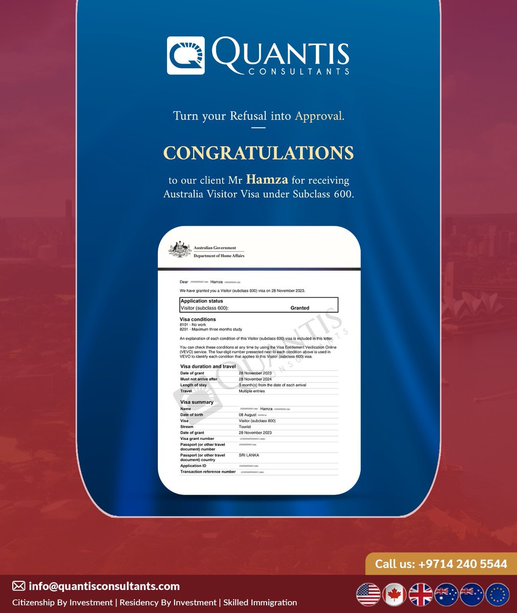 QuantisUAE's tweet image. Congratulations to our client Mr Hamza for receiving Australia Visitor Visa under Subclass 600.

Call us at: 📲+971 4 240 5544 
📩info@quantisconsultants.com 
or visit: bit.ly/3jKNd2O

#Quantisconsultants #immigration  #visa #immigrants #migration #SkillAssessment