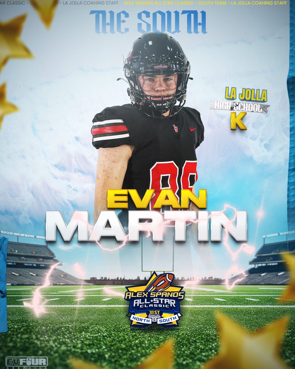 evanhmartin's tweet photo. Excited to represent the south squad in the Alex Spanos All-Star game!!!
@CoachRoachLJ @CoachTMorris 
@NewGenKicking @EV4Graphics https://t.co/u0lV9W55yL