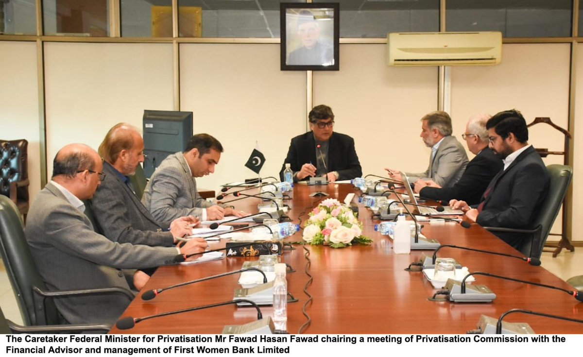 The caretaker Federal Minister for Privatisation, Fawad Hasan Fawad, chaired a meeting with the Financial Advisor and Management of First Women Bank Limited (FWBL) on 6th December, 2023. For details follow the link privatisation.gov.pk/NewsDetail/ZjY… @GovtofPakistan @fawadhasanpk