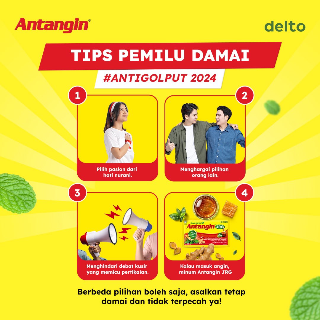 Antangin_IDN's tweet photo. Pemilu Serentak 2024 di depan mata, mari kita ikuti Pemilu dengan pikiran yang tenang dan saling menghargai pilihan satu sama lain 😎

Jangan lupa minum Antangin JRG untuk atasi masuk angin, membuat badan hangat, dan wes..ewes..ewes..bablas angine!
#antangin #pemiluserentak2024 https://t.co/dwT65jwHgP