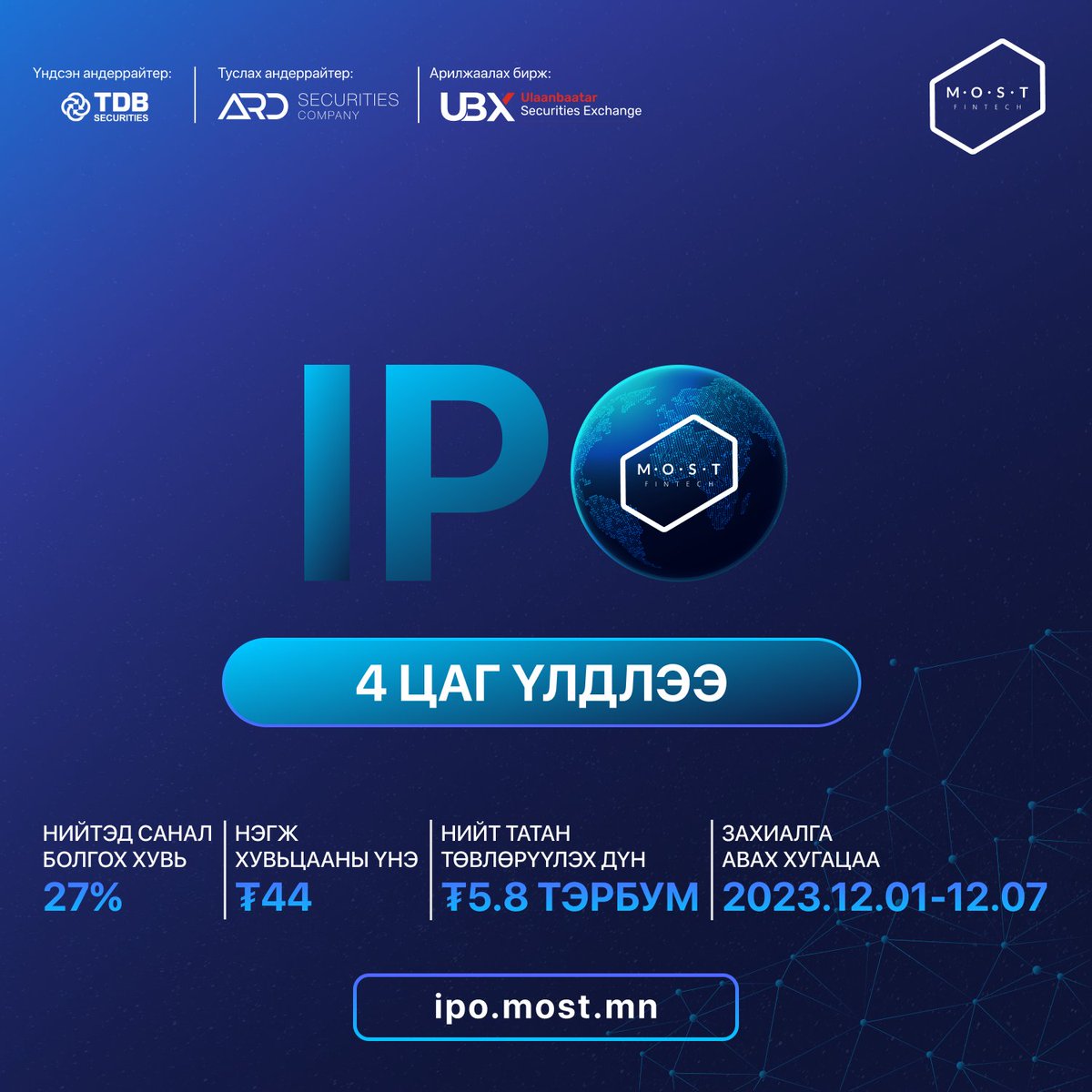 Захиалга хаагдахад 4 цаг үлдлээ!

IPO-д оролцох: ipo.most.mn

Хөрөнгө оруулагч та бүхэн амжиж оролцоорой.

#poweredbyMOST #MOSTFintech #MostMoney #BeTheMost #MOSTIPO