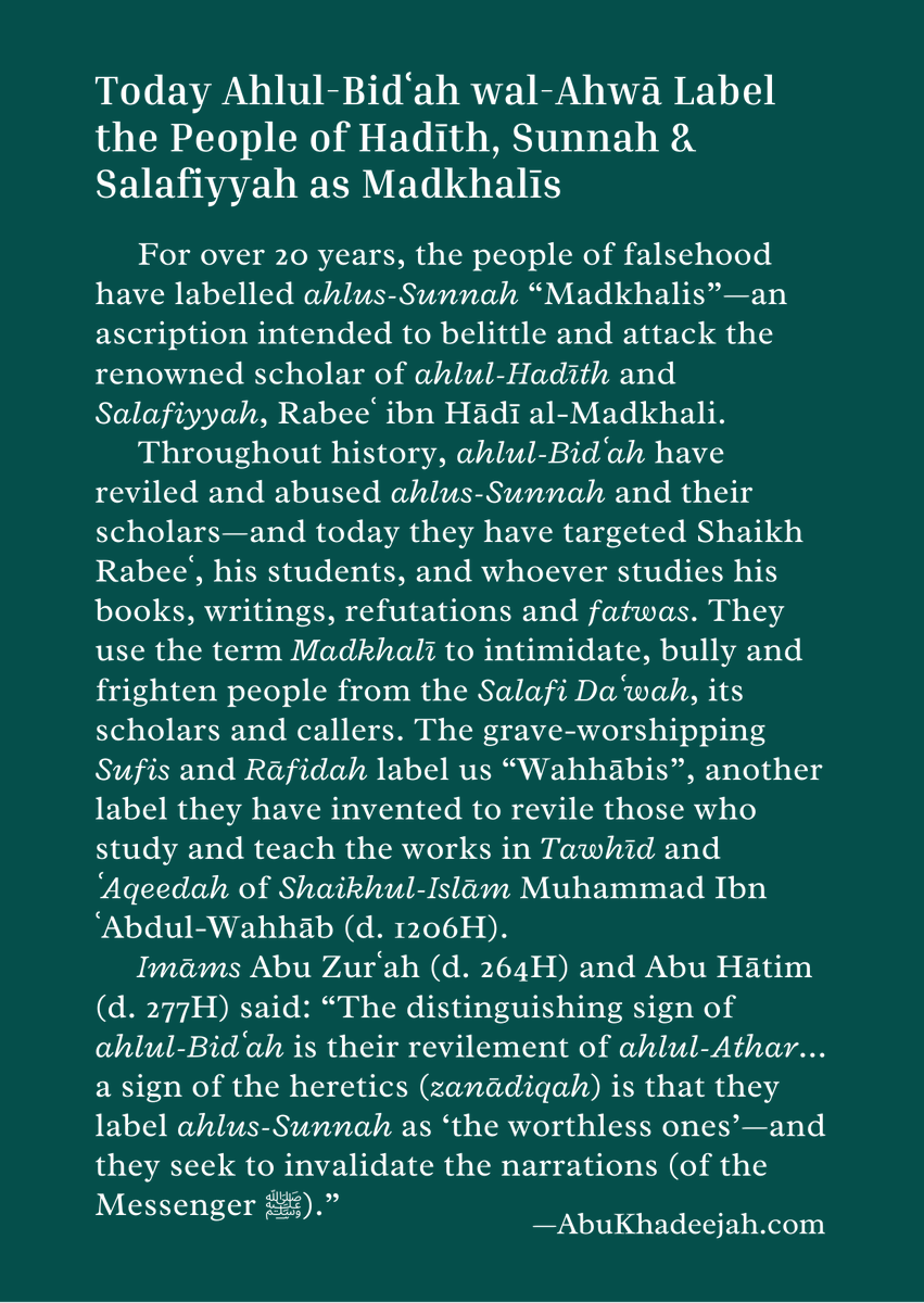 AbuKhadeejahSP's tweet photo. Ahlul-Bidʿah call us Madkhalis, and they revile Shaikh Rabeeʿ b. Hādī because he defends the Sunnah.
The Shaikh taught at Madīnah University, Faculty of Hadīth. He presided over higher education in the Dept. of Sunnah, and he attained the rank of professor. Read this and share: https://t.co/C8NVrAzCEZ
