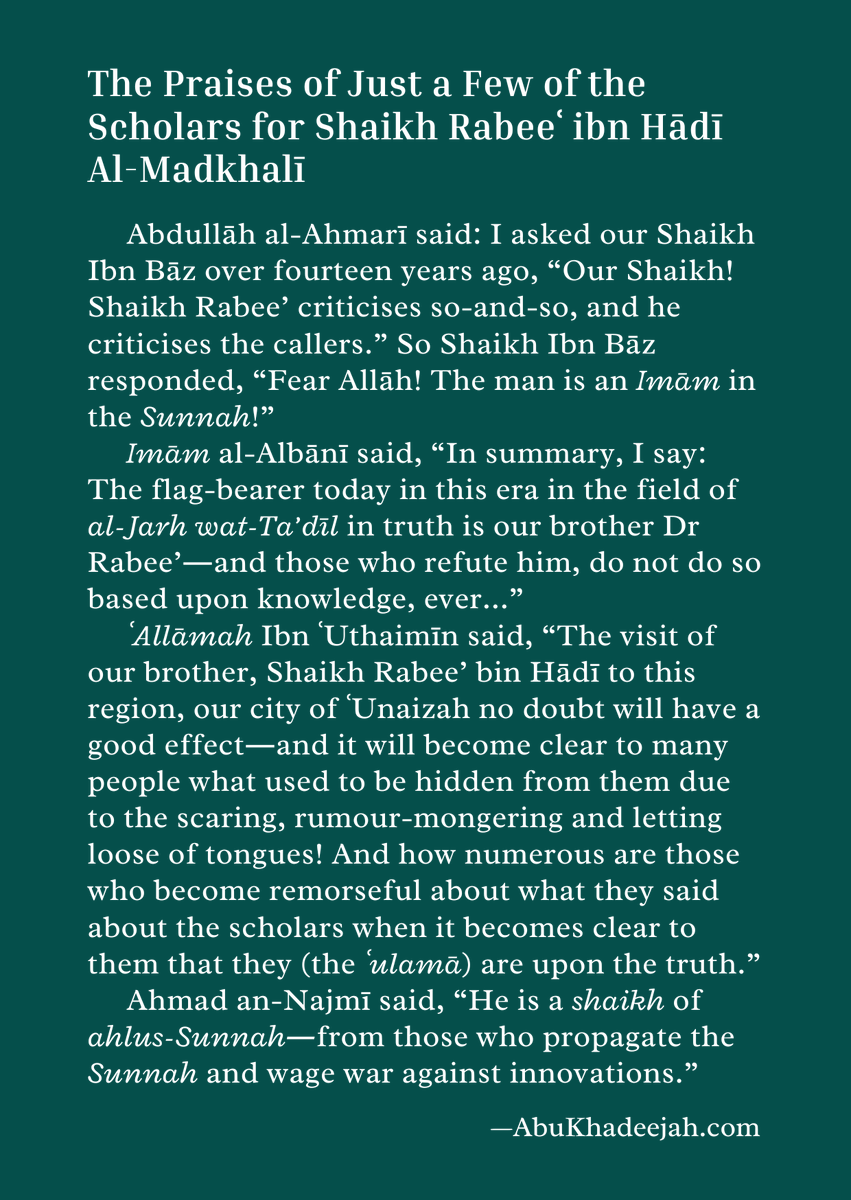 AbuKhadeejahSP's tweet photo. Ahlul-Bidʿah call us Madkhalis, and they revile Shaikh Rabeeʿ b. Hādī because he defends the Sunnah.
The Shaikh taught at Madīnah University, Faculty of Hadīth. He presided over higher education in the Dept. of Sunnah, and he attained the rank of professor. Read this and share: https://t.co/C8NVrAzCEZ