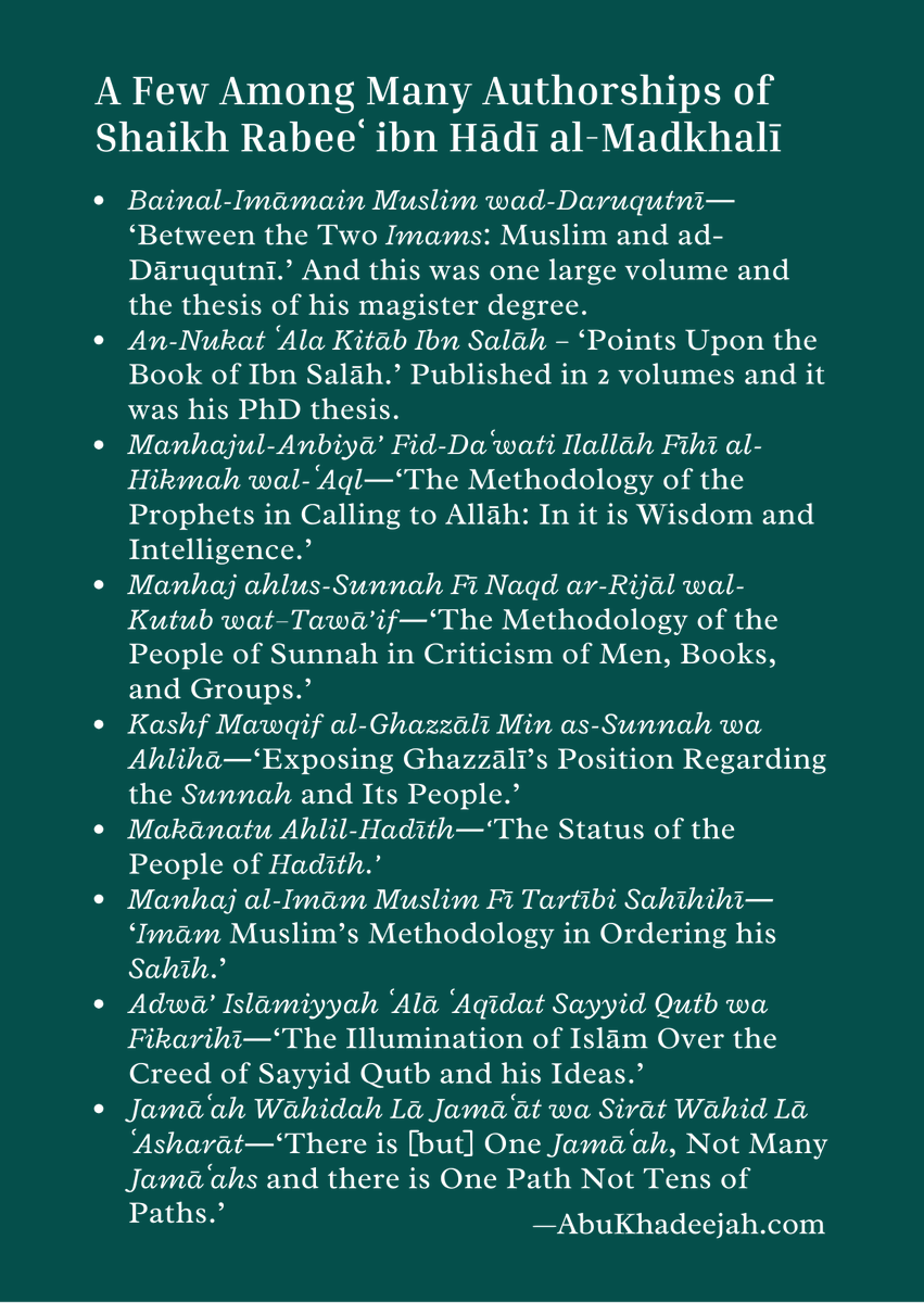 AbuKhadeejahSP's tweet photo. Ahlul-Bidʿah call us Madkhalis, and they revile Shaikh Rabeeʿ b. Hādī because he defends the Sunnah.
The Shaikh taught at Madīnah University, Faculty of Hadīth. He presided over higher education in the Dept. of Sunnah, and he attained the rank of professor. Read this and share: https://t.co/C8NVrAzCEZ