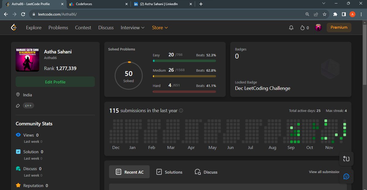 thatsoastha's tweet image. Solved 50 LeetCode questions – halfway to a century!  🚀 #CodingJourney #LeetCodeChallenge #leetcode