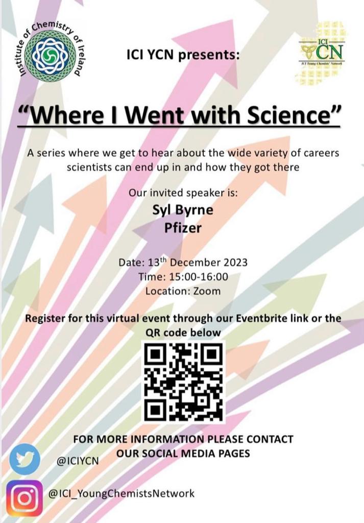 Hello! Our upcoming talk features Syl Bryne, a research-chemist at Pfizer Ringaskiddy. Syl earned his Ph.D. in organic chemistry from NUIG in 2022. Join us on December 13th at 3pm for a 20-minute discussion on Syl's work at Pfizer and his career journey. Scan QR code to register