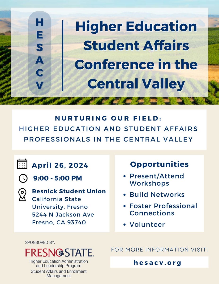 Registration & proposal submissions are now live for the 2024 HESACV Conference hosted on April 26 @Fresno_State! Please register & invite your colleagues to join us at hesacv.org/2024 as we welcome colleagues from across the Central Valley for this enriching conference!