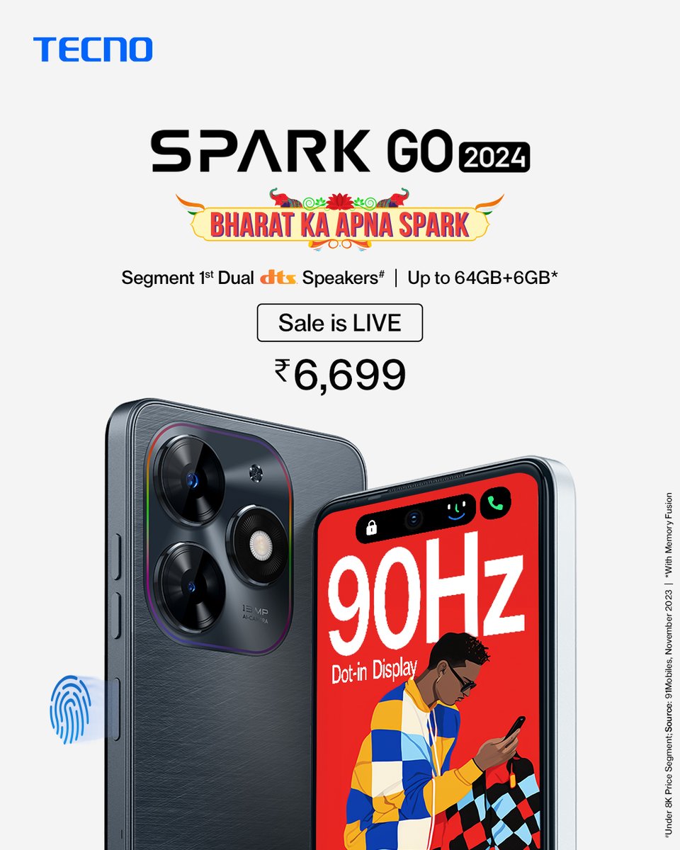 TecnoMobileInd's tweet image. The wait of Bharat to ignite the Spark is over!

Sale is now live on TECNO #SparkGo2024 from ₹6,699 on @amazonIN and at your nearest retail outlets. 

Shop now: knw.one/AZmN

#TECNOSmartphones #BharatKaApnaSpark
