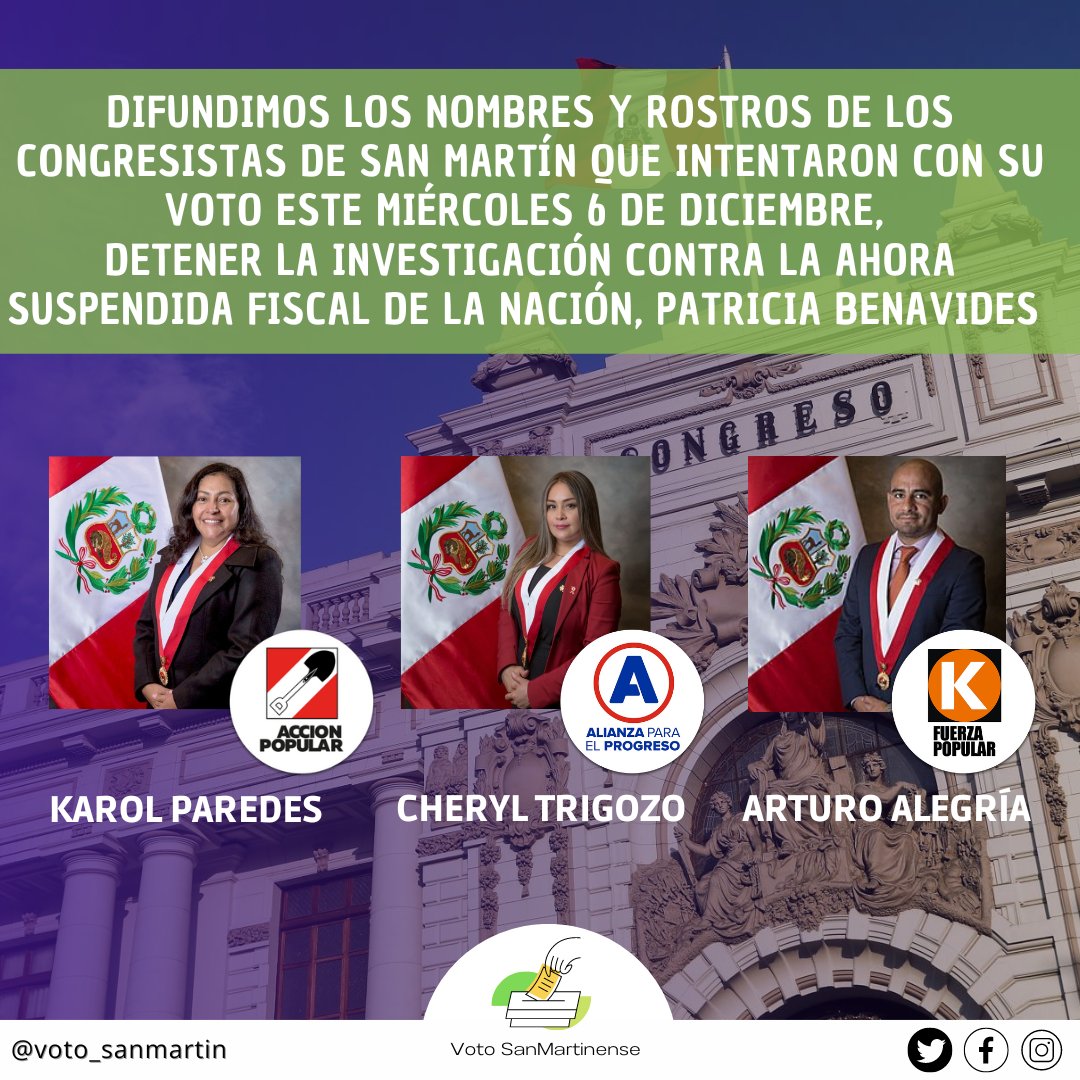 🟢#VotoSanMartinense observa🔍

Los representantes por la región #SanMartín [<a href="/arturoalegriag/">Arturo Alegría</a>, <a href="/cheryl_trigozo/">Cheryl Trigozo</a> y <a href="/karolparedesf/">Karol Paredes Fonseca</a>] desde el <a href="/congresoperu/">Congreso del Perú 🇵🇪</a> intentaron este 6/12/23 detener la investigación a Patricia Benavides, ahora en suspensión preventiva del cargo por la <a href="/JNJPeru/">Junta Nacional de Justicia</a>