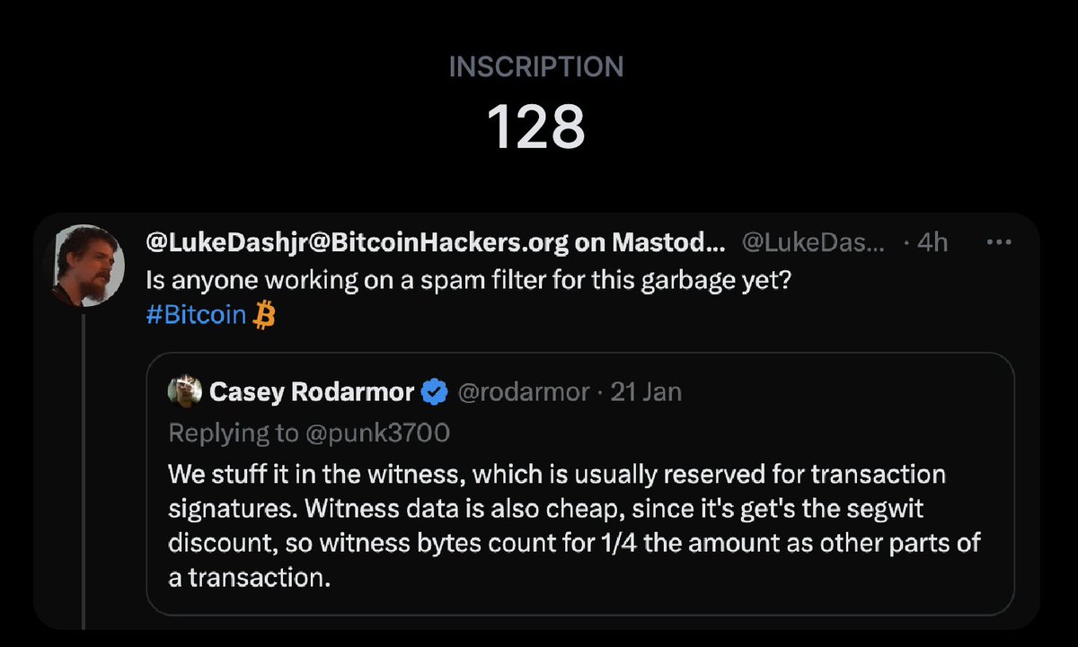 This was @LukeDashjr's first reaction to Ordinals. It will be stored on Bitcoin full-nodes forever in inscription 128: → ord.io/128