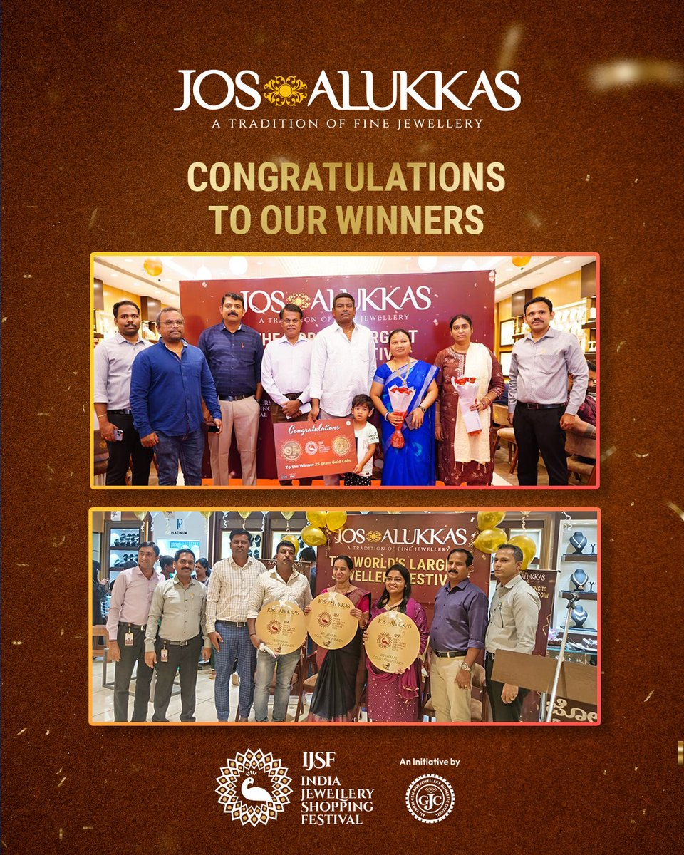 We are immensely happy to announce our winners for the IJSF festival. We are proud that #JosAlukkas was able to procure this position from among many other Jewellers in competition. #Congratulations to all winners! #IJSF #BumperPrize #Gold #IndiaJewelleryShoppingFestival