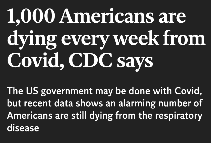 The CDC reports 5,872 confirmed covid deaths in Sept 2023 and 5,687 in October 2023