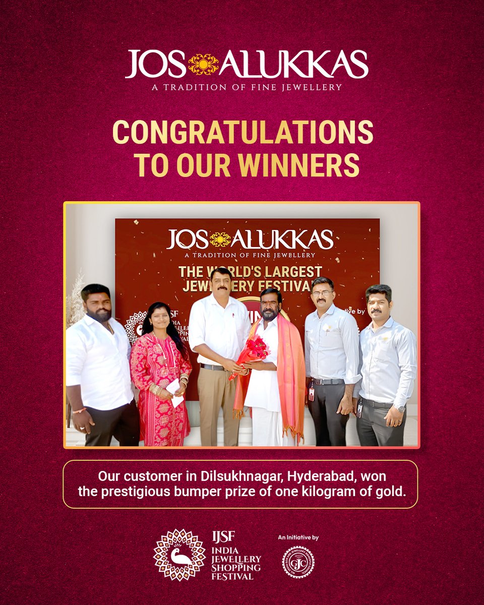 We are immensely happy to announce our Our customer in Dilshuknagar, Hyderabad, Won the prestigious bumper prize of One kilogram of gold the IJSF festival. We are proud that Jos Alukkas was able to procure this position from among many other Jewellers in competition.