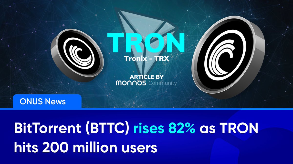 ONUSFinance's tweet photo. 💫 #ONUS_News: #BTTC ⬆️ 82% as #TRON hits 200 million users

The $BTTC token from @BitTorrent, the file-sharing platform that #TRON bought in 2018, more than doubled in price amid apparent optimism about the Tron blockchain.

🏆 #BTTC is now leading the Top Gainers on @ONUSFinance with a solid increase of more than 82% in the past 24 hours.

#Cryptonews #cryptocurrency #trading #investing #altcoin