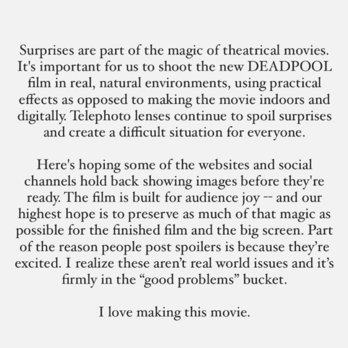WatchinUK_'s tweet photo. Ryan Reynolds has released a statement about the set photo leaks from ‘DEADPOOL 3’.  “It’s important for us to shoot the new Deadpool film in real environments, using practical effects as opposed to making the movie indoors &amp; digitally.”

#RyanReynolds #Deadpool3 https://t.co/OCLlnXhUDK