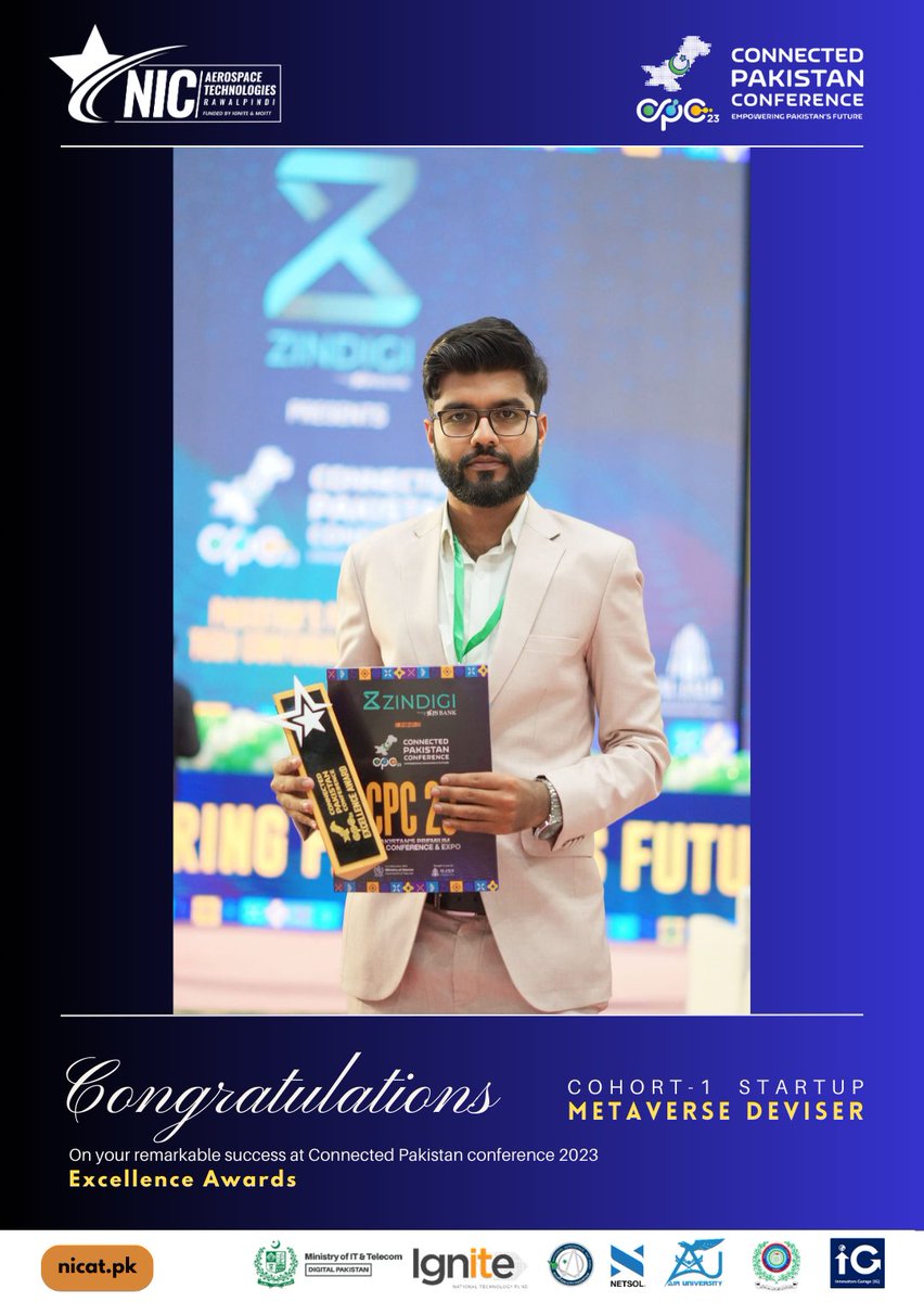NICATPakistan's tweet photo. 🌟 Exciting Achievement Alert!

🚀 We're thrilled to share that Metaverse Deviser, NICAT's Cohort 1 Startup, led by Founder &amp; CEO M Bilal Bin Talib, has been honored with an Excellence Award by Connected Pakistan 2023! 🏆 🌐

🎉 Well done! 🚀

#CPC23 #NICATPakistan https://t.co/4u749WTBFu