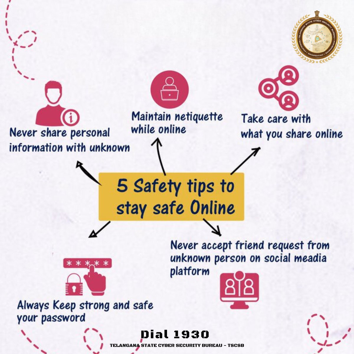 Follow these Cyber Safety Tips to stay safe online and Be Cybersafe.

If you are a victim of cybercrime, dial 1930 and register your complaint at cybercrime.gov.in

#cybersecurity #cybercrime #Fraud #cyber #security #cybersafe #cybersecurityawareness #cybersmart #TSCSB.