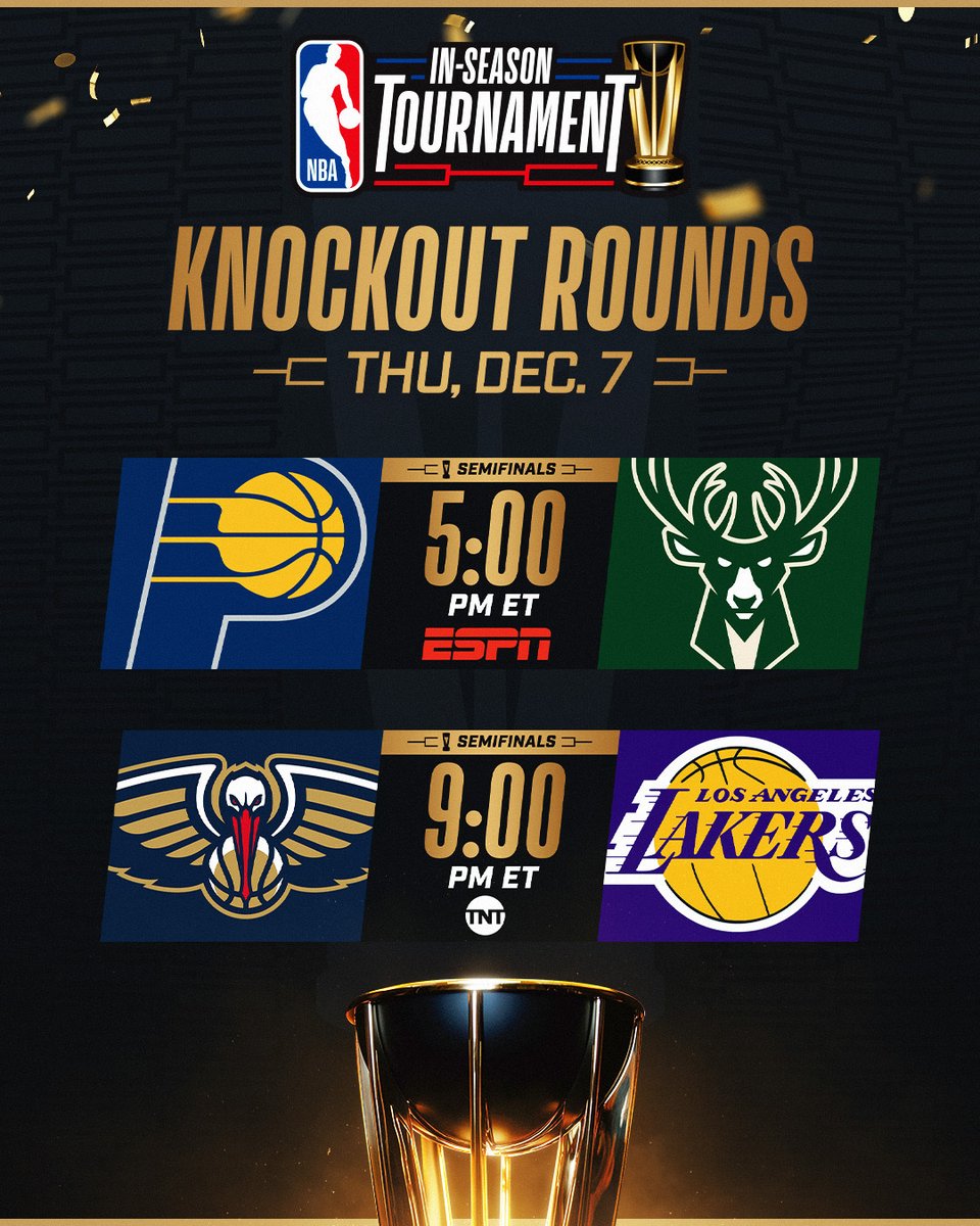 🏆 WIN OR GO HOME 🎰 LIVE FROM LAS VEGAS The first-ever NBA In-Season Tournament Knockout Rounds continue TODAY with the Semifinals on ESPN and TNT! 5:00pm/et: Pacers/Bucks 9:00pm/et: Pelicans/Lakers