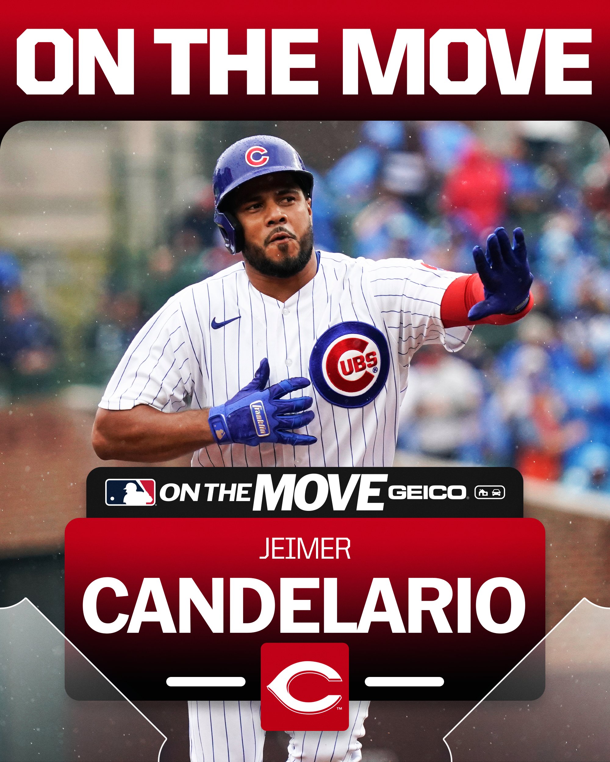 On the move presented by Geico
Jeimer Candelario to the Cincinnati Reds
Pictured: Candelario trots the bases wearing a white Cubs home uniform with blue pinstripes and batting helmet. 