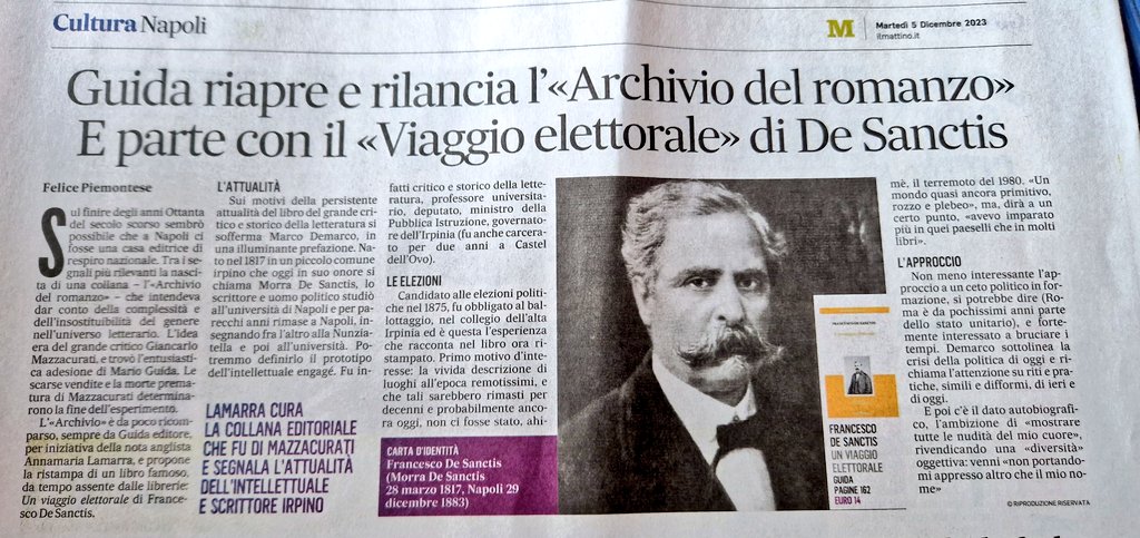 Buone notizie per gli appassionati di libri. Una storica casa editrice meridionale, <a href="/guidaeditore/">Guida Editori</a>, riavvia e rilancia una sua antica collana: l'Archivio del romanzo. E lo fa con un classico senza tempo: il "Viaggio elettorale" di Francesco De Sanctis #BussolaSud