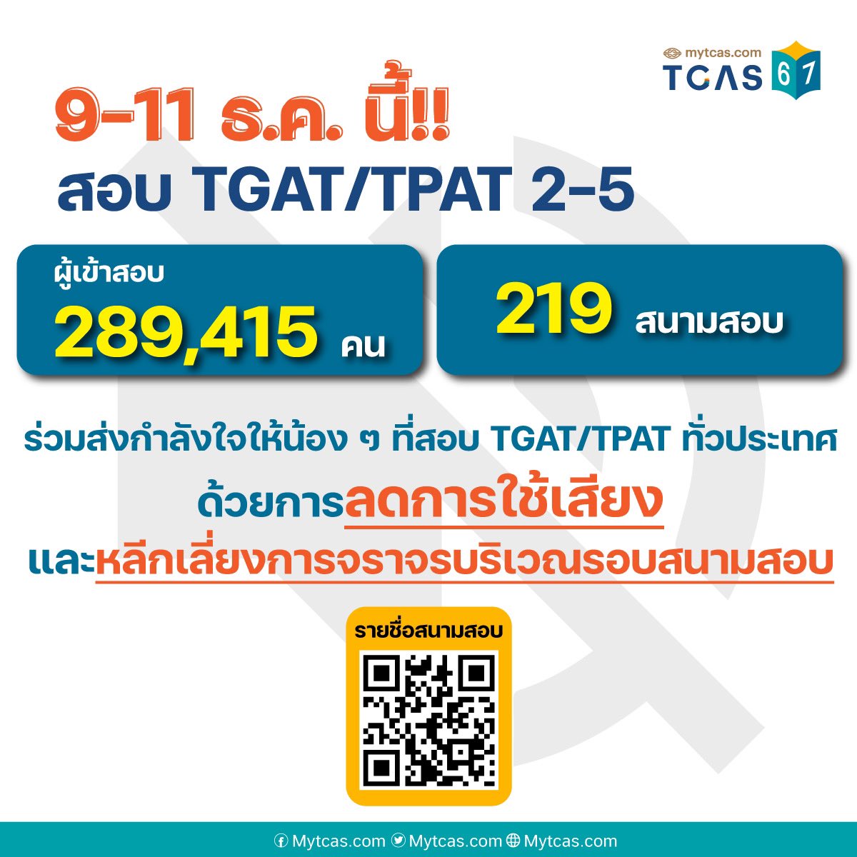 SocialDome's tweet photo. ทปอ. แจ้ง การสอบ #TGAT / #TPAT 2-5 วันที่ 9-11 ธ.ค. มีผู้มีสิทธิ์สอบ 289,415 คน ใน 219 สนามสอบทั่วประเทศ ขอความร่วมมือพื้นที่ใกล้เคียงลดการใช้เสียง และหลีกเลี่ยงการจราจรบริเวณรอบสนามสอบ 

รายชื่อสนามสอบ ดูที่ https://t.co/YYcuKyRpcJ

#TCAS67 #dek67 #เด็กซิ่ว https://t.co/SdpAzllghN