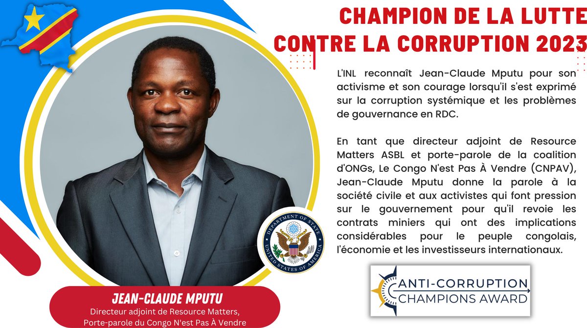 USAenFrancais's tweet image. Chacun d&apos;entre nous bénéficie du courage d&apos;individus qui ont de l&apos;ambition pour leur communauté &amp;amp; qui luttent contre la corruption.

🇨🇩 Les États-Unis remercient Jean-Claude Mputu pour son activisme &amp;amp; son courage de parler de la corruption systémique en RDC. #ACCA2023 @StateINL