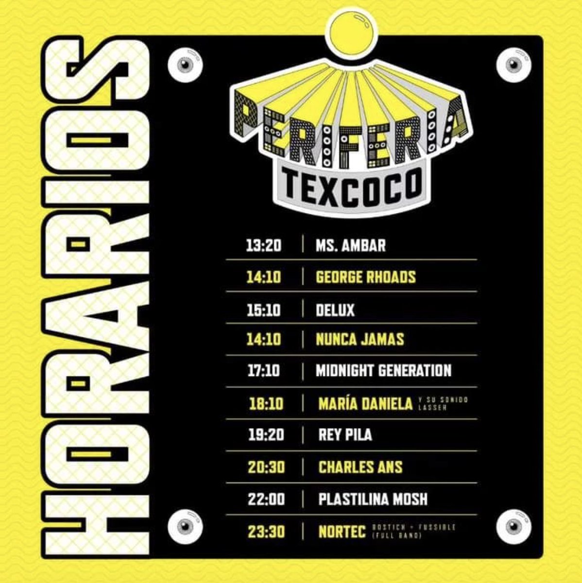 Ivonne Miranda (@mirandaivonnee) on Twitter photo Ya están aquí los horarios del @festival_periferiamx 🔥
<a href="/NortecBF/">Nortec: Bostich + Fussible</a> <a href="/plastilinamosh/">Plastilina Mosh</a> <a href="/charlesans/">Charles Skinny</a> <a href="/reypila/">Rey Pila</a> <a href="/NuncaJamasBand/">Nunca Jamás</a> <a href="/DELUX/">Delux</a> <a href="/georgerhoads/">George Rhoads</a> Ya están aquí los horarios del @festival_periferiamx 🔥
<a href="/NortecBF/">Nortec: Bostich + Fussible</a> <a href="/plastilinamosh/">Plastilina Mosh</a> <a href="/charlesans/">Charles Skinny</a> <a href="/reypila/">Rey Pila</a> <a href="/NuncaJamasBand/">Nunca Jamás</a> <a href="/DELUX/">Delux</a> <a href="/georgerhoads/">George Rhoads</a>