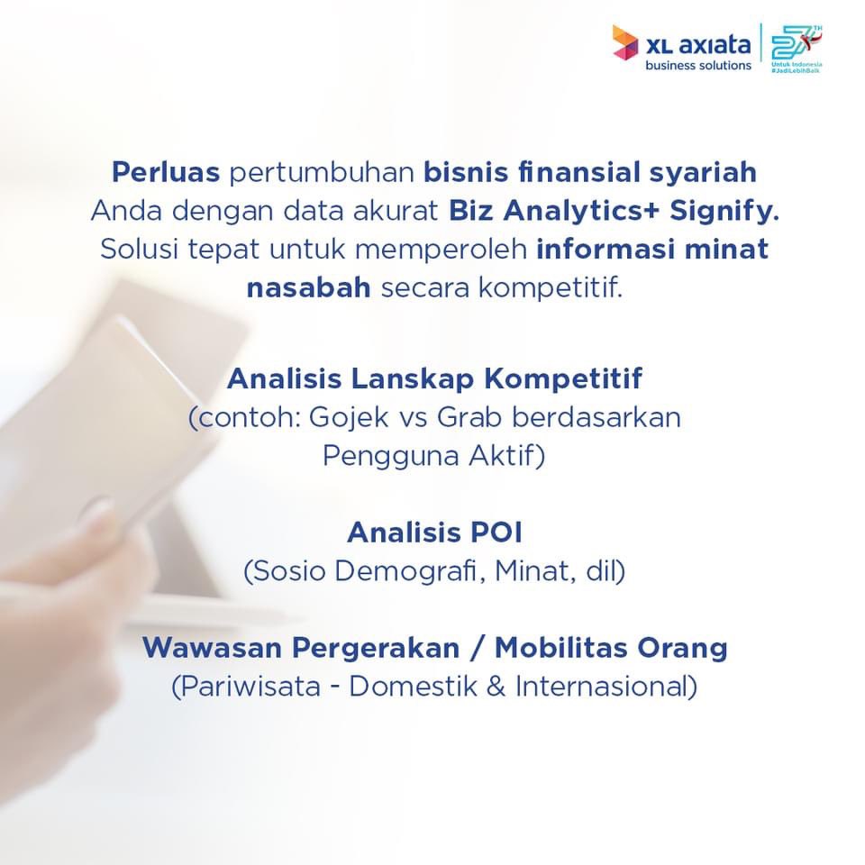 xlsmartbusiness's tweet photo. Tarik lebih banyak nasabah untuk layanan finansial syariah yang Anda kembangkan bersama Biz Analytics+ Signify. Menghadirkan informasi lengkap dan tepat untuk menjangkau peminat perbankan syariah!
#XLAxiataBusinessSolutions #TransformtoPerform #DigitalTransformation https://t.co/nEuS150Okv