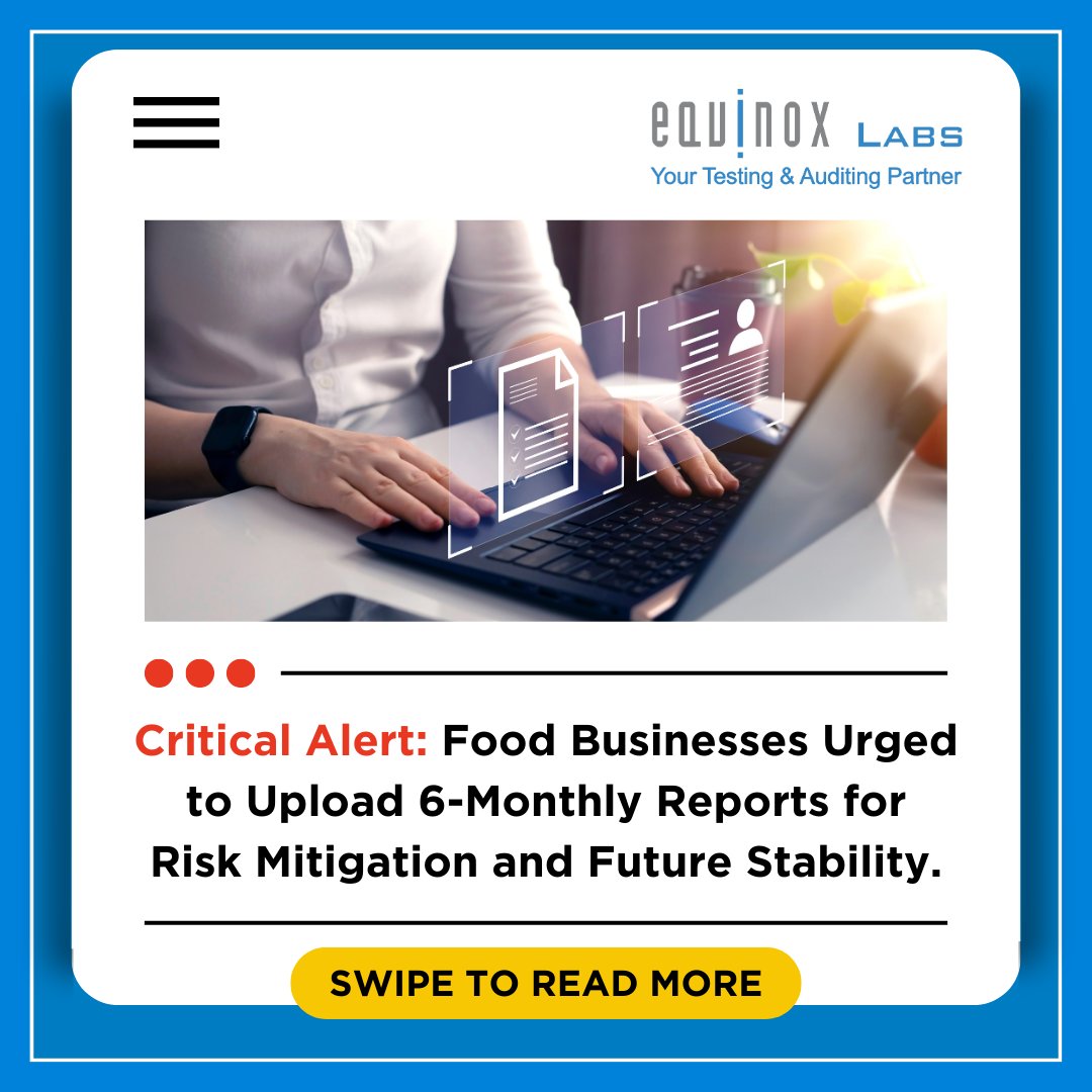 Equinox_Labs's tweet photo. Keeping the decision of uploading 6-monthly testing reports on the back burner could be a bad decision.

#EquinoxLabs #FSSAI #SixMonthly #FosCos #LabTesting #Compliance #FoodBusiness #Reminder #AvoidRisk #Stability #business #licence #critical #regulation https://t.co/6ppeis4C6F