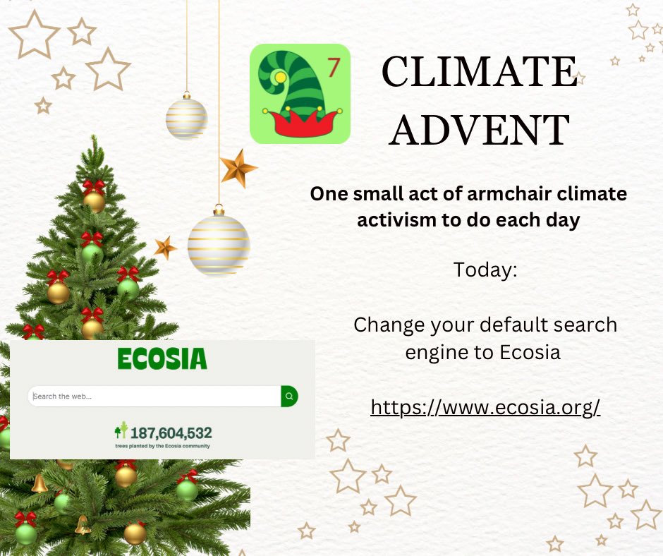 Day 7 of activist advent One small and easy act of climate consciousness to do each day Today - change your default search engine to @ecosia Got an iPhone? Go to Settings > Safari > Search Engine You can also do it on your desktop.