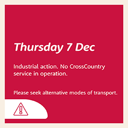 Due to planned industrial action by the ASLEF union today, there will be no CrossCountry services in operation. We’re advising you to seek alternative travel arrangements crosscountrytrains.co.uk/industrial-act…