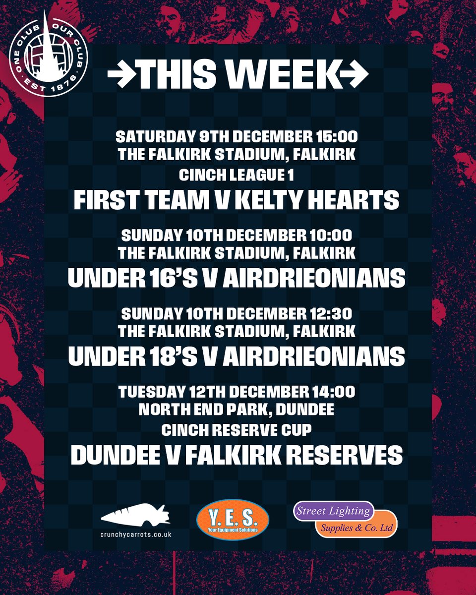 🆚 Check out the Falkirk fixtures this weekend!

🏟 There are three home games this weekend as The Bairns take on Kelty Hearts on Saturday and our youngsters face Airdrie on Sunday.

🚌 We also travel to Dundee on Tuesday for our final game in the cinch Reserve Cup Group Stages.