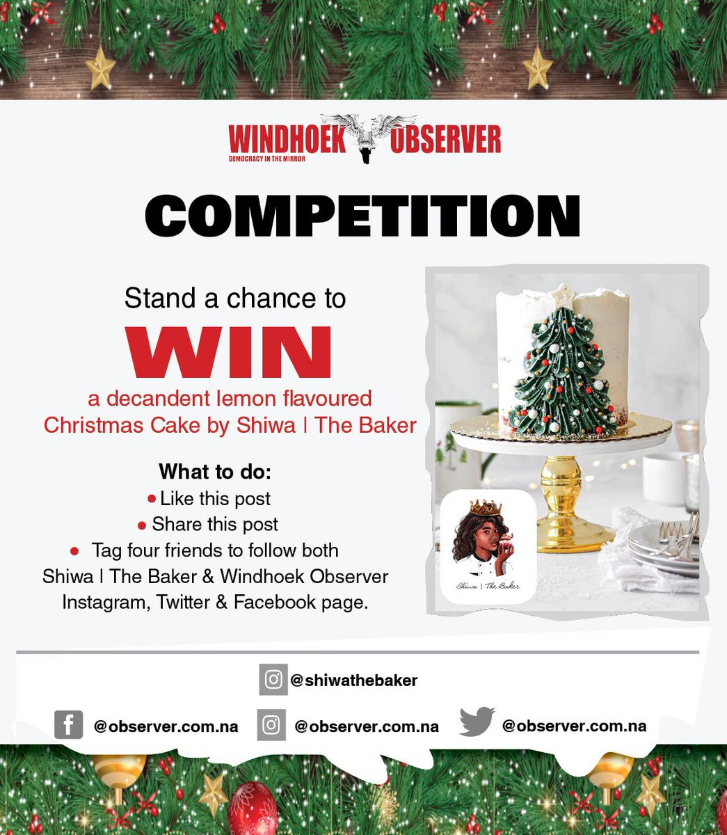 We’ve teamed up with <a href="/ObserverNamibia/">Observer Namibia</a> to offer one lucky person the chance to win a delicious lemon <a href="/shiwathebaker/">Shiwa |The Baker 🇳🇦</a> Christmas Cake!🎄It serves 10 party portions and is finished with snow white buttercream, and Christmassy sugar sprinkles to finish. Like, Share and Tag to Win!🎅