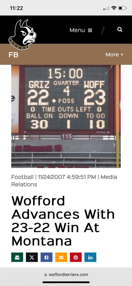 ericborggard's tweet photo. @SamHerderFCS @BetMGM Griz better be careful with a line like that!  I remember this game quite vividly from 2007.  Griz were undefeated and expected to roll the Terriers at Wa-Griz.  Didn’t happen!  #GoGriz https://t.co/F8ZJqi8puT