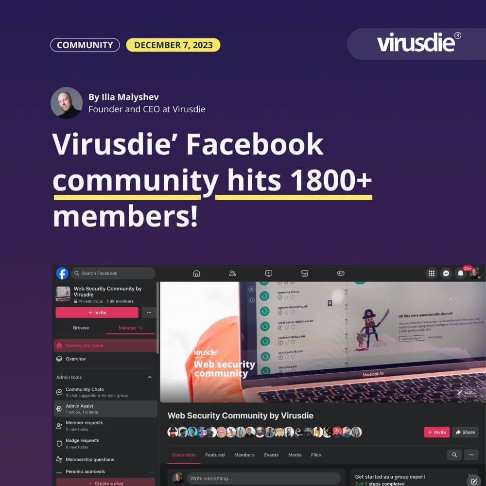 Virusdie Professional Facebook website #security community hits 1800+ members! virusdie.com/blog/website-s…

#virusdie #facebook #wordpress #cybercrime #cybersecurity #infosec #websecurity #malware #Ransomware #Vulnerability #Phishing #code #hacked #web #antivirus