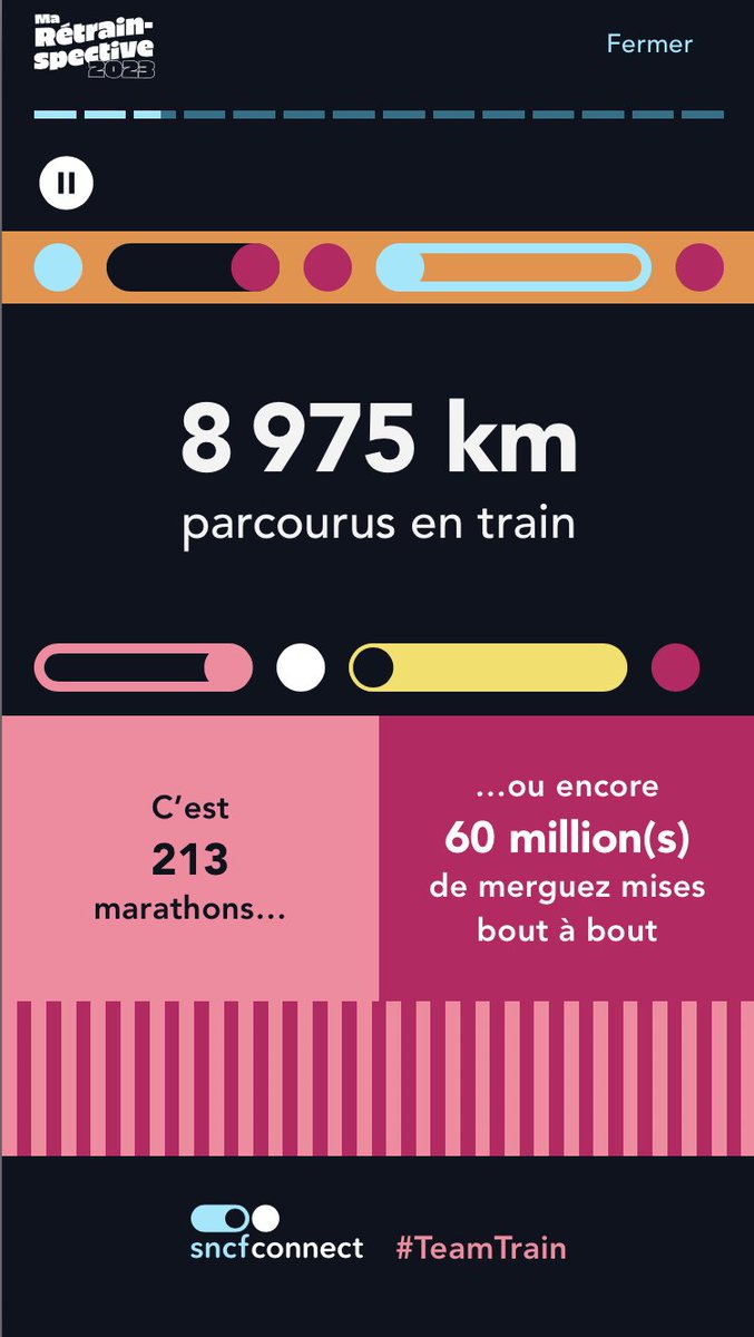 Merci <a href="/sncfconnect/">SNCF Connect</a> de m'informer des trajets parcourus en 2023.  2 remarques :
- l'année 2023 n'est pas terminée
- la cuisson ayant un impact sur la taille, votre estimation de 60 millions se base-t-elle sur des merguez cuites ou crues ?

#Rétrainspective #SNCF
